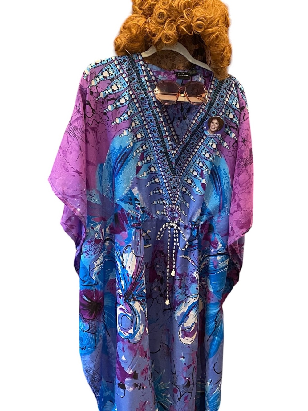 Mrs. Roper “Three’s Company”Vibrant Purple & Blue Caftan w/Wig & Glasses